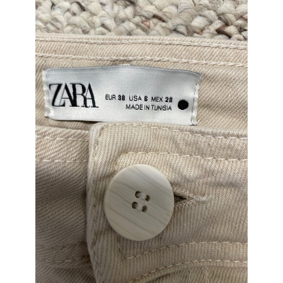 Zara High-Rise The Marine Straight Wide Leg Raw Hem Tan/Cream 6 - Picture 9 of 9